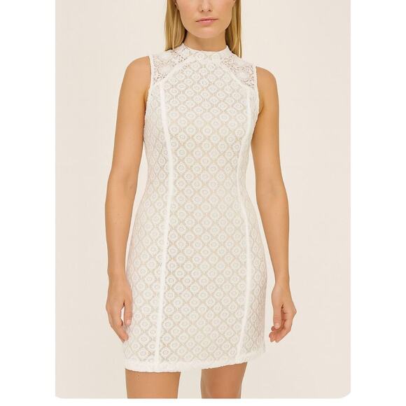Ladakh Dress White Floral Crochet Overlay Sleeveless high body con mini SZ S - Picture 1 of 11